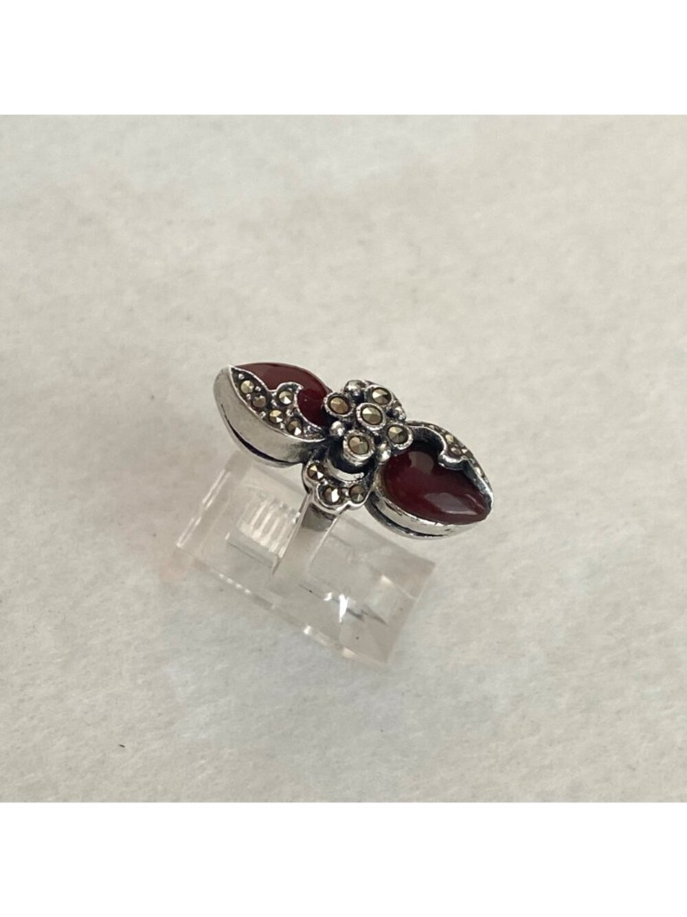 Sterling Silver 925 Art Deco Style Marcasite Teardrop Red Glass Ring Sz 5.75 - Picture 11 of 16
